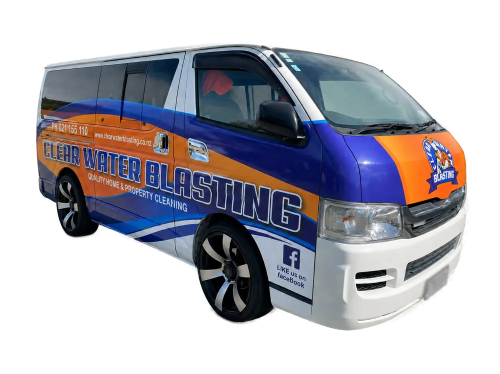 Wellington water blasting van, side view of the orange-and-blue Clear Water Blasting Services vehicle