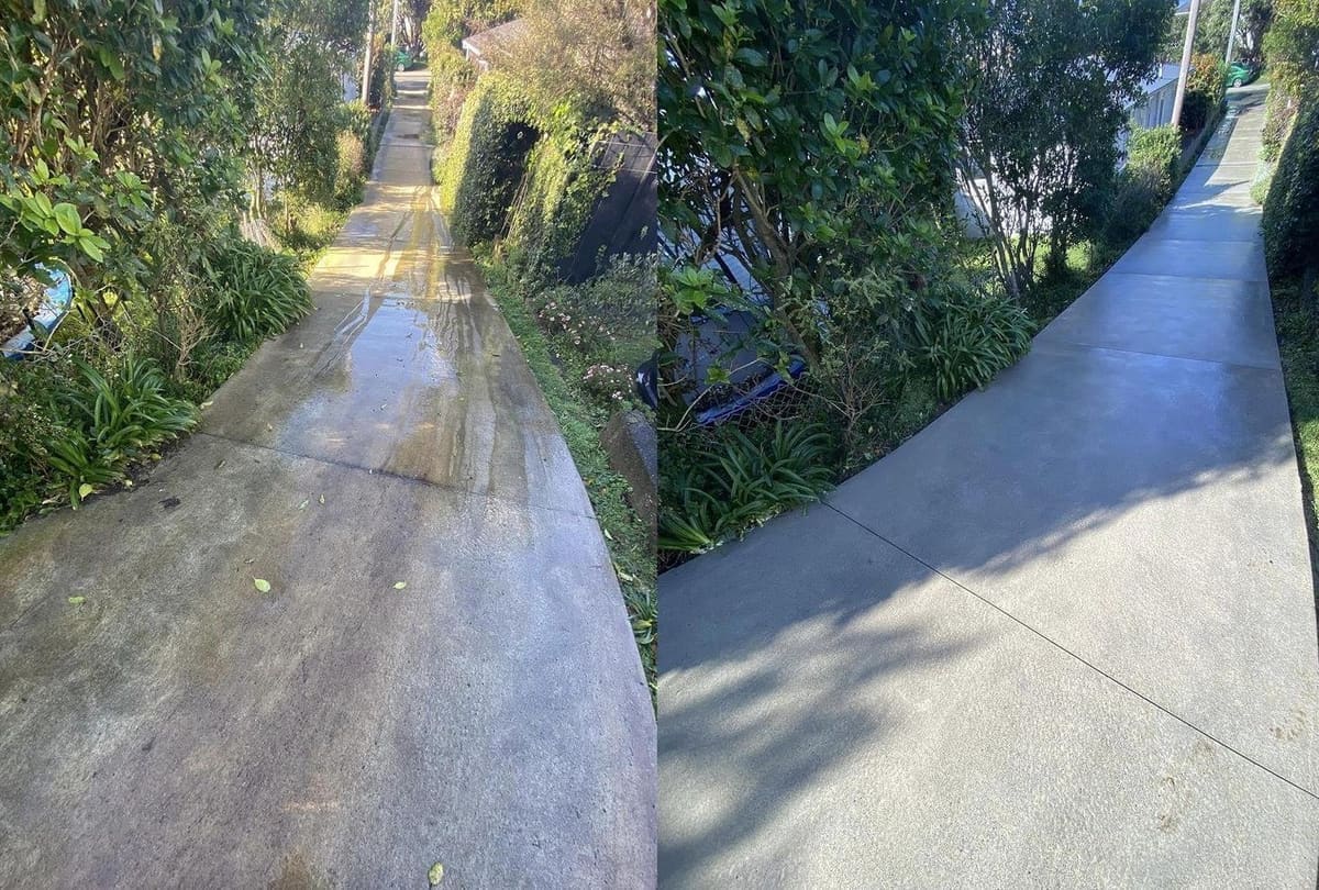 Deck restoration in Hutt Valley, wooden deck and steps under trees, weathered timber before, refurbished dark-stained timber after