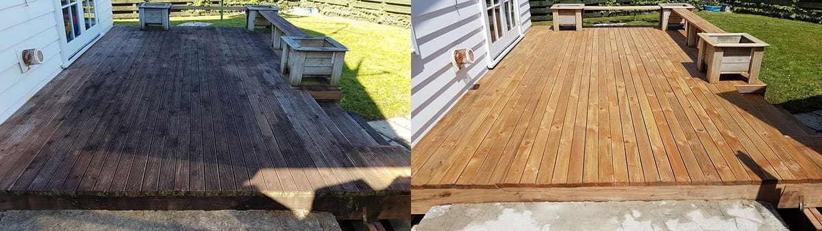 Deck restoration in Kelson, back deck with built-in bench seats outside a weatherboard house, weathered dark grey before, fresh golden-stained timber after