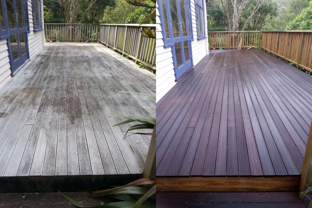 Deck restoration in Karori, before and after, weathered grey timber cleaned and restored to fresh natural tone