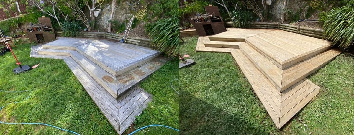 Deck restoration in Kingston, before and after, weathered grey timber cleaned and restored to fresh natural tone