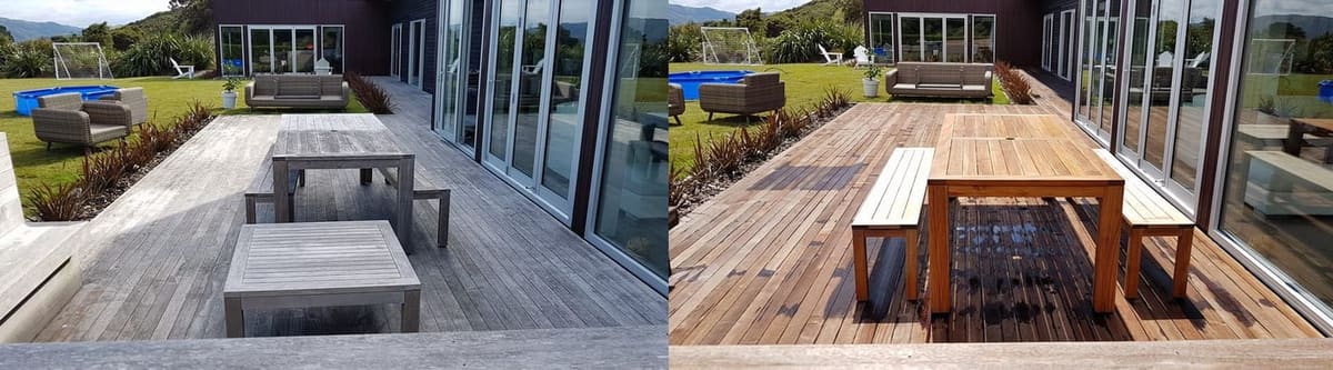 Deck restoration in Paremata, before and after, weathered grey timber cleaned and restored to fresh natural tone