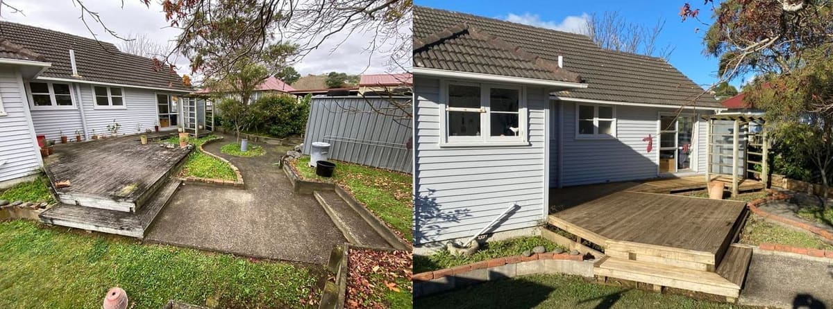 Wellington rear-yard deck restoration before and after, weathered grey timber deck off a single-storey home before, freshly stained warm-toned timber deck after sanding and stain application