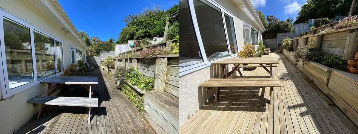 Wellington deck restoration before and after, narrow side-passage timber deck with picnic table weathered grey before, fresh warm-toned timber after sanding and a clean