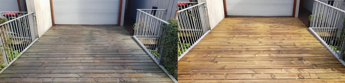 Wellington deck restoration before and after, timber walkway deck between weatherboard wall and metal railings, weathered grey before, freshly stained warm timber after