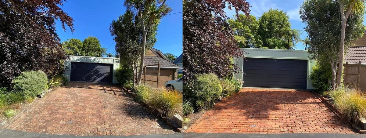 Wellington brick paver driveway cleaning before and after, mossy weathered brick paver driveway leading to a charcoal garage door before, vibrant red brick paving after a high-pressure clean