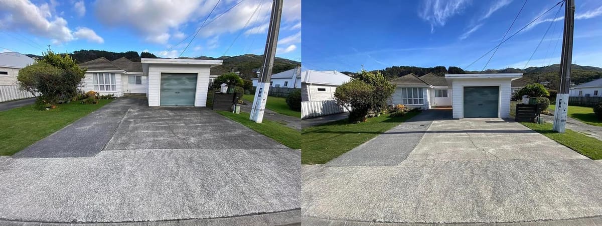 Wellington driveway cleaning before and after, suburban concrete driveway and apron in front of a single garage with dirt and moss before, clean even grey concrete after a high-pressure clean