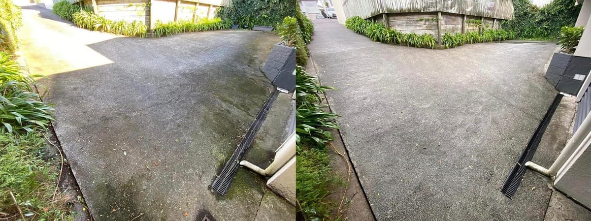 Wellington driveway cleaning before and after, exposed aggregate concrete driveway with mossy dirty surface before, clean even aggregate finish after a high-pressure clean