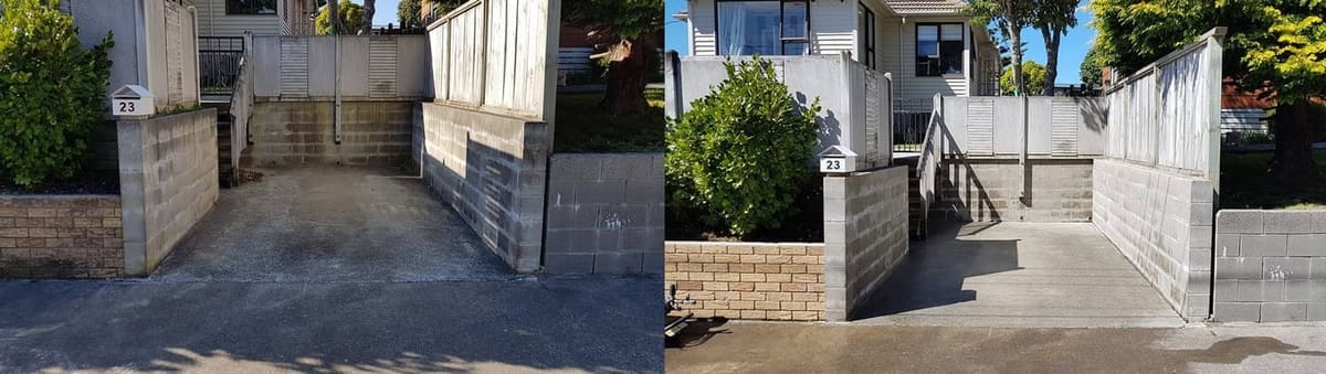 Driveway cleaning in Johnsonville, before and after, concrete or paver driveway lifted from mossy grey to clean restored surface