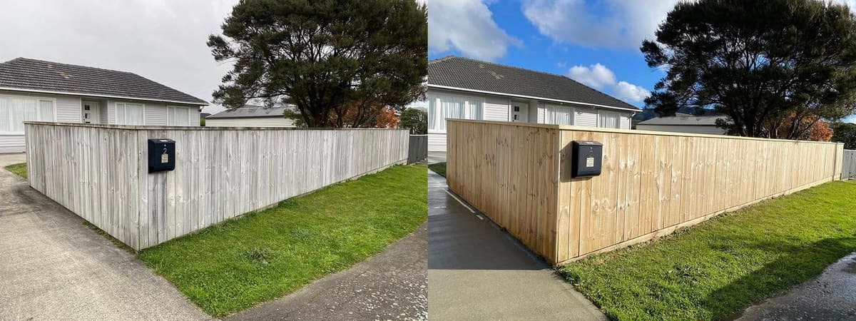 Fence cleaning in Wainuiomata, before and after, timber boundary fence stripped of mould and lichen, restored to fresh timber
