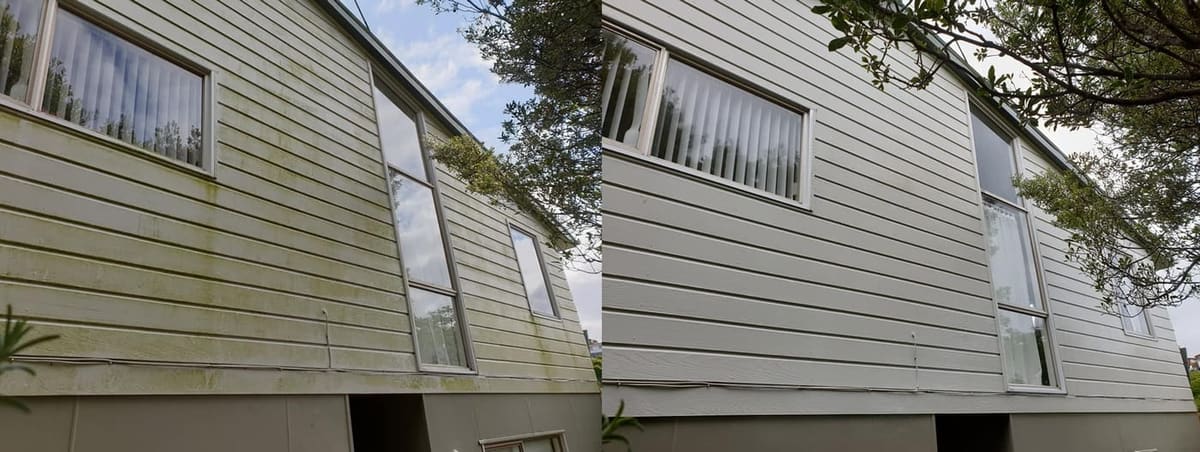 House washing in Broadmeadows, before and after a soft-wash treatment, exterior cladding lifted clean of moss, algae and weathering