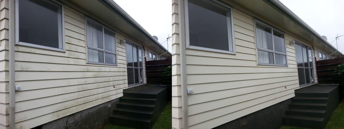 House washing in Johnsonville, before and after a soft-wash treatment, exterior cladding lifted clean of moss, algae and weathering