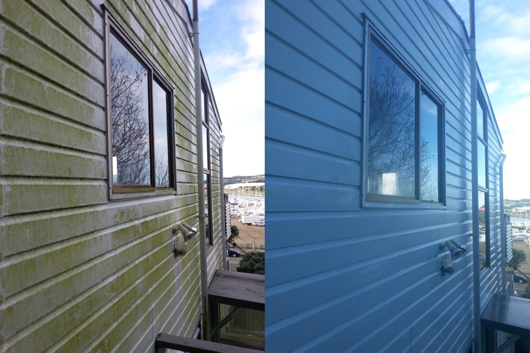 House washing in Miramar, before and after a soft-wash treatment, exterior cladding lifted clean of moss, algae and weathering