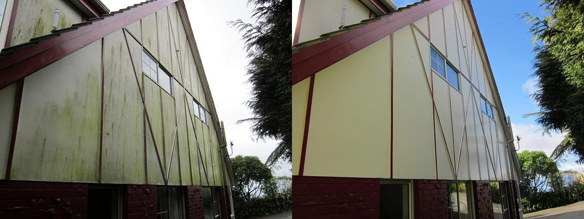 House washing in Northland, before and after a soft-wash treatment, exterior cladding lifted clean of moss, algae and weathering
