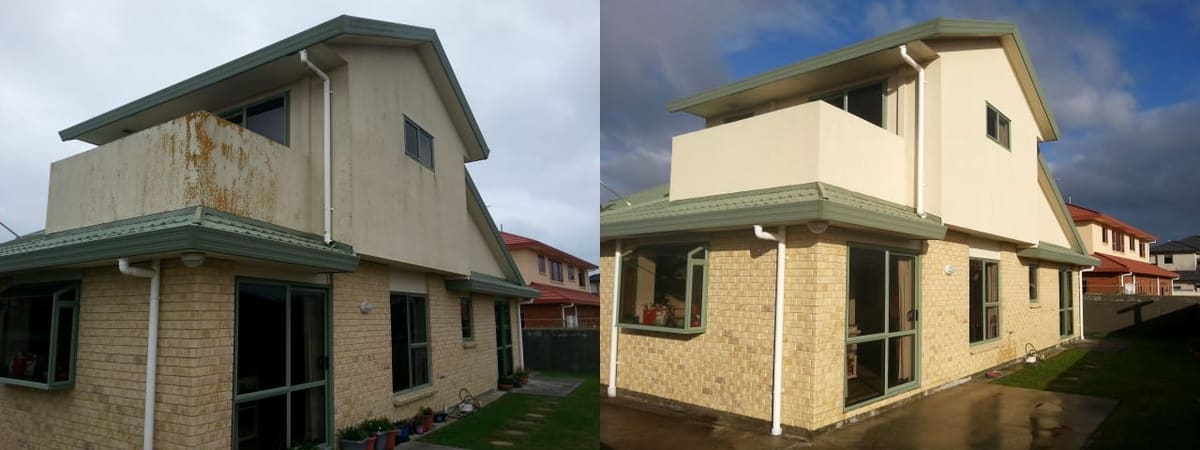 House washing in Petone, before and after a soft-wash treatment, exterior cladding lifted clean of moss, algae and weathering