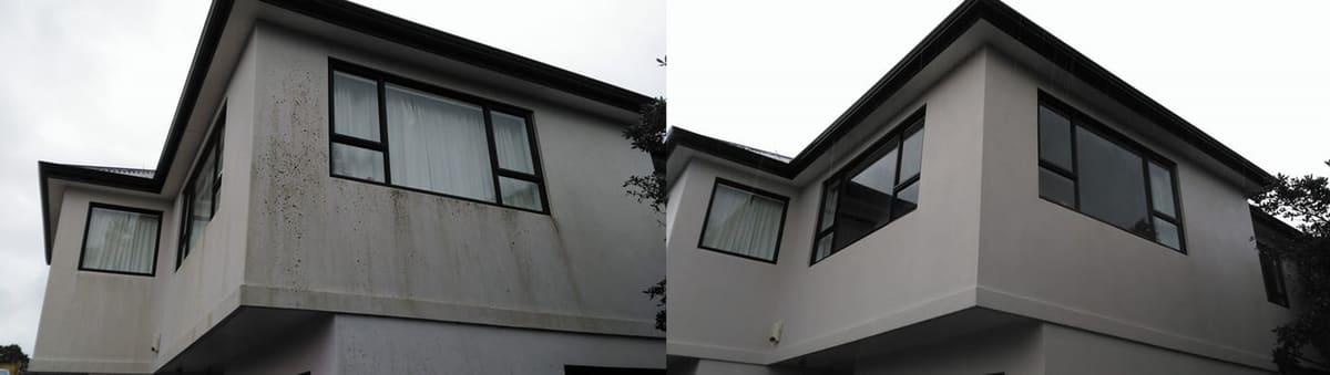 Wellington house wash before and after, modern plaster home with dramatic black mould and dirt run-off down the upper storey before, clean even white plaster after a soft-wash with biocide chemistry