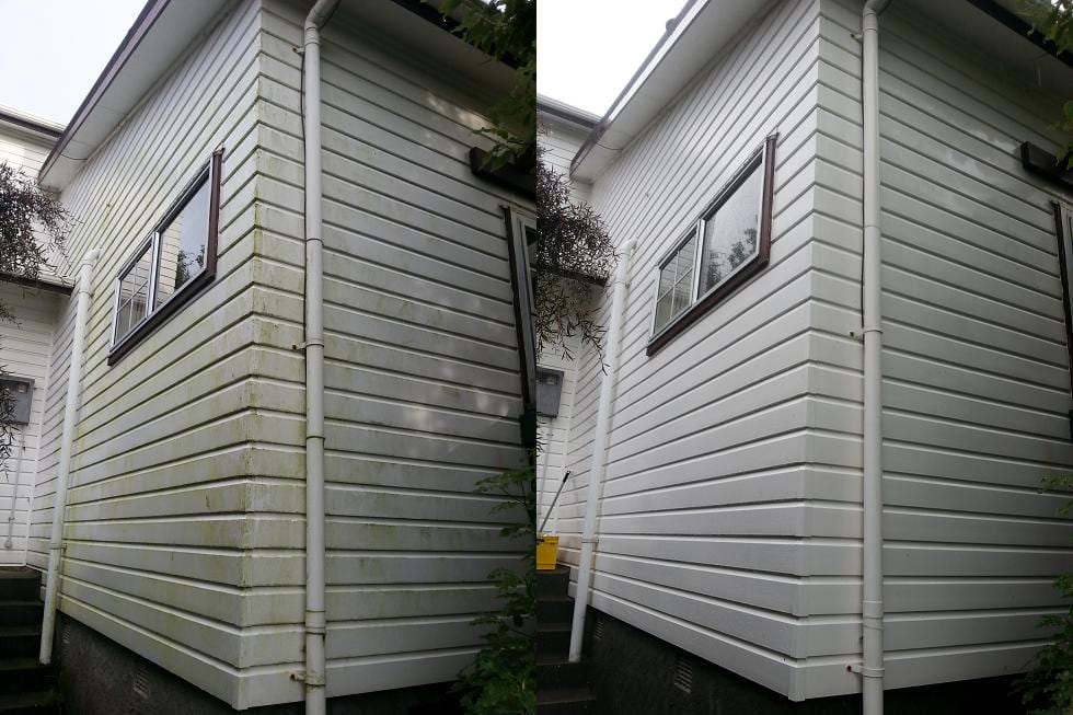 Wellington house wash before and after, white weatherboard exterior corner with green algae streaking up the lower courses before, clean bright white weatherboard after a soft-wash with biocide chemistry