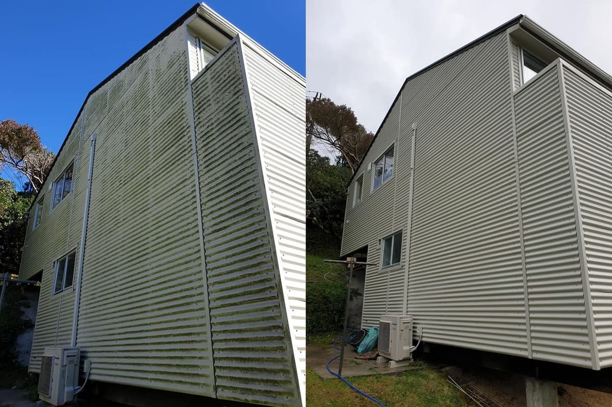 House washing in Wilton, before and after a soft-wash treatment, exterior cladding lifted clean of moss, algae and weathering