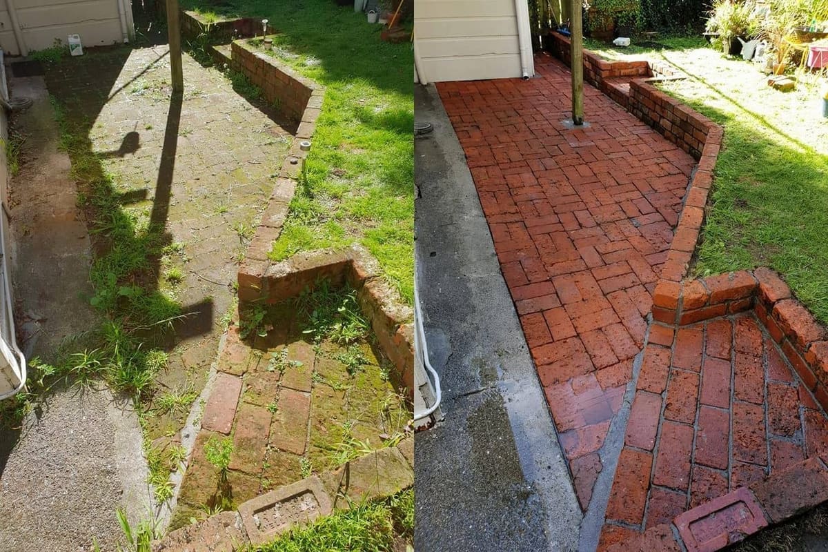 Wellington brick path cleaning before and after, herringbone red brick path through a side yard with grass and weeds breaking through before, clean defined brick paving after a high-pressure clean