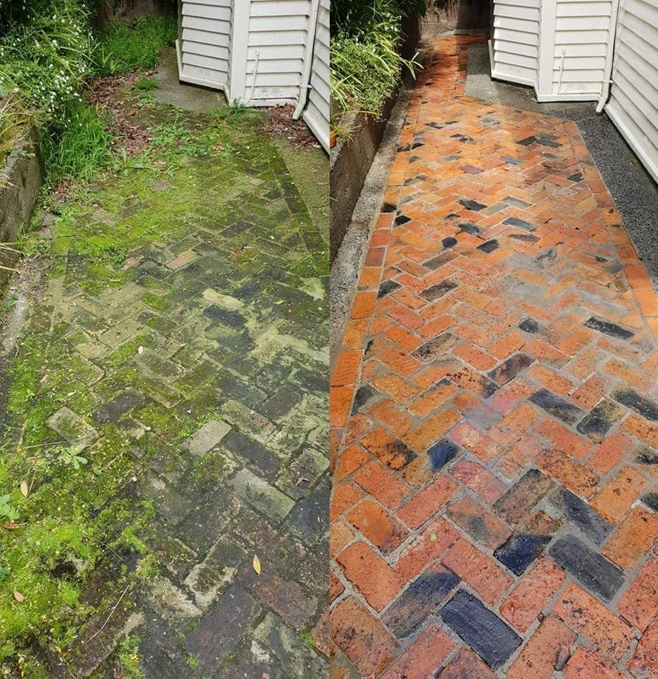 Wellington herringbone brick path cleaning before and after, side-yard brick path completely buried under thick moss before, vibrant orange-and-charcoal brickwork revealed after a high-pressure clean
