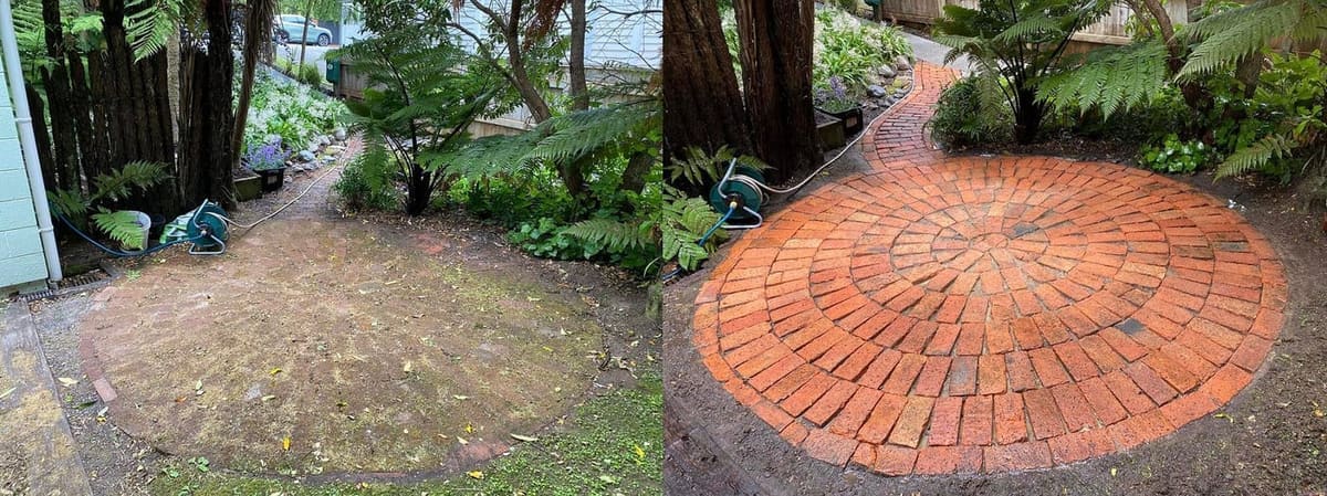 Wellington brick feature patio before and after, dirt patch in a bush garden before, fresh circular red brick feature patio with concentric paver pattern after construction and clean
