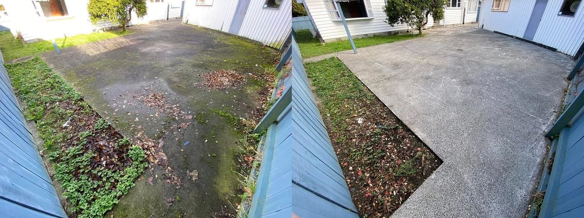 Patio cleaning in Naenae, before and after, paver or brick surface restored from weathered grey to clean original colour
