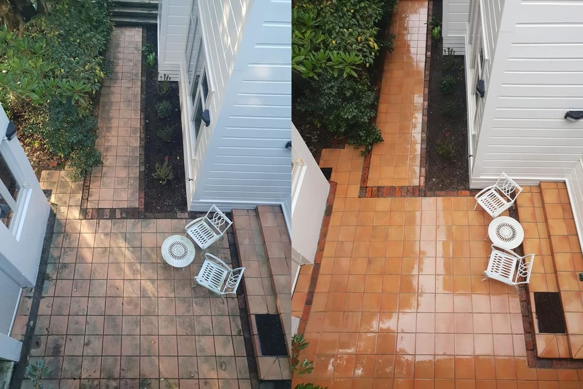 Wellington tiled patio cleaning before and after, terracotta-tiled courtyard with dull weathered surface and dirt build-up before, bright orange tiles glowing after a high-pressure clean