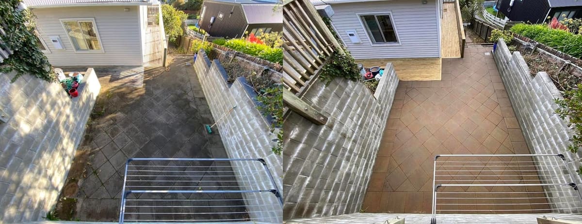 Patio cleaning in Paparangi, before and after, paver or brick surface restored from weathered grey to clean original colour