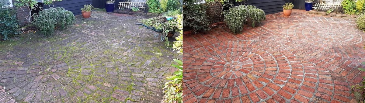 Patio cleaning in Karori, before and after, paver or brick surface restored from weathered grey to clean original colour