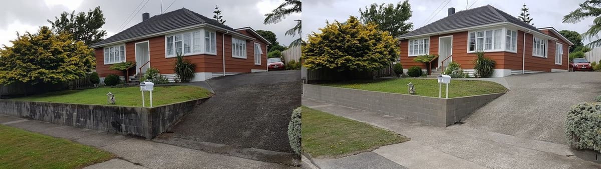 Retaining wall cleaning in Johnsonville, concrete-block retaining wall in front of a red-and-white weatherboard house, algae-stained dark grey before, clean light blocks after