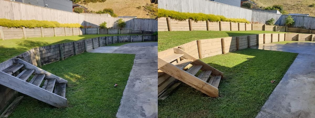 Wellington retaining wall cleaning before and after, weathered grey timber sleeper retaining walls around a back lawn before, fresh warm-toned timber after a high-pressure clean
