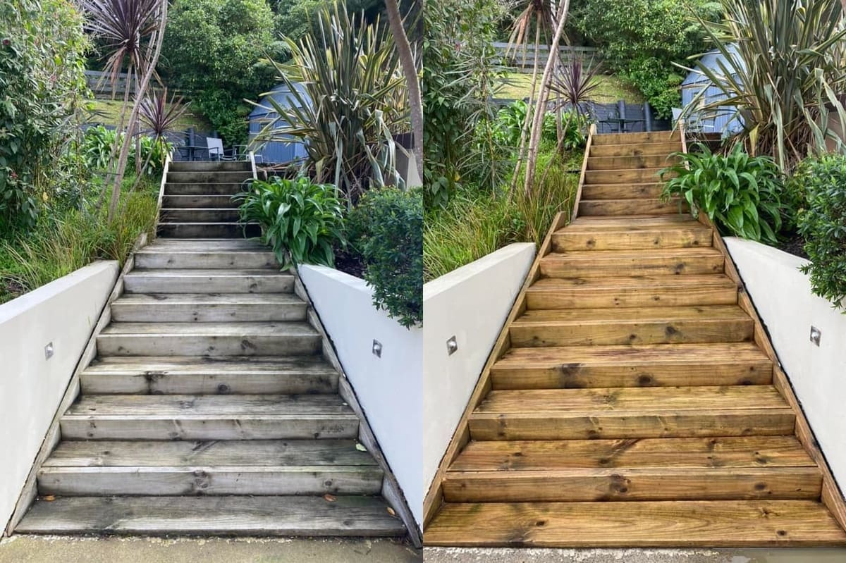 Wellington timber step restoration before and after, wide weathered grey timber garden steps between cabbage trees before, rich warm-stained timber steps after sanding and fresh stain